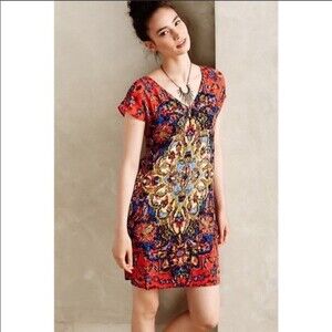 Maeve Mediallion red print dress by Anthropologie small petite floral